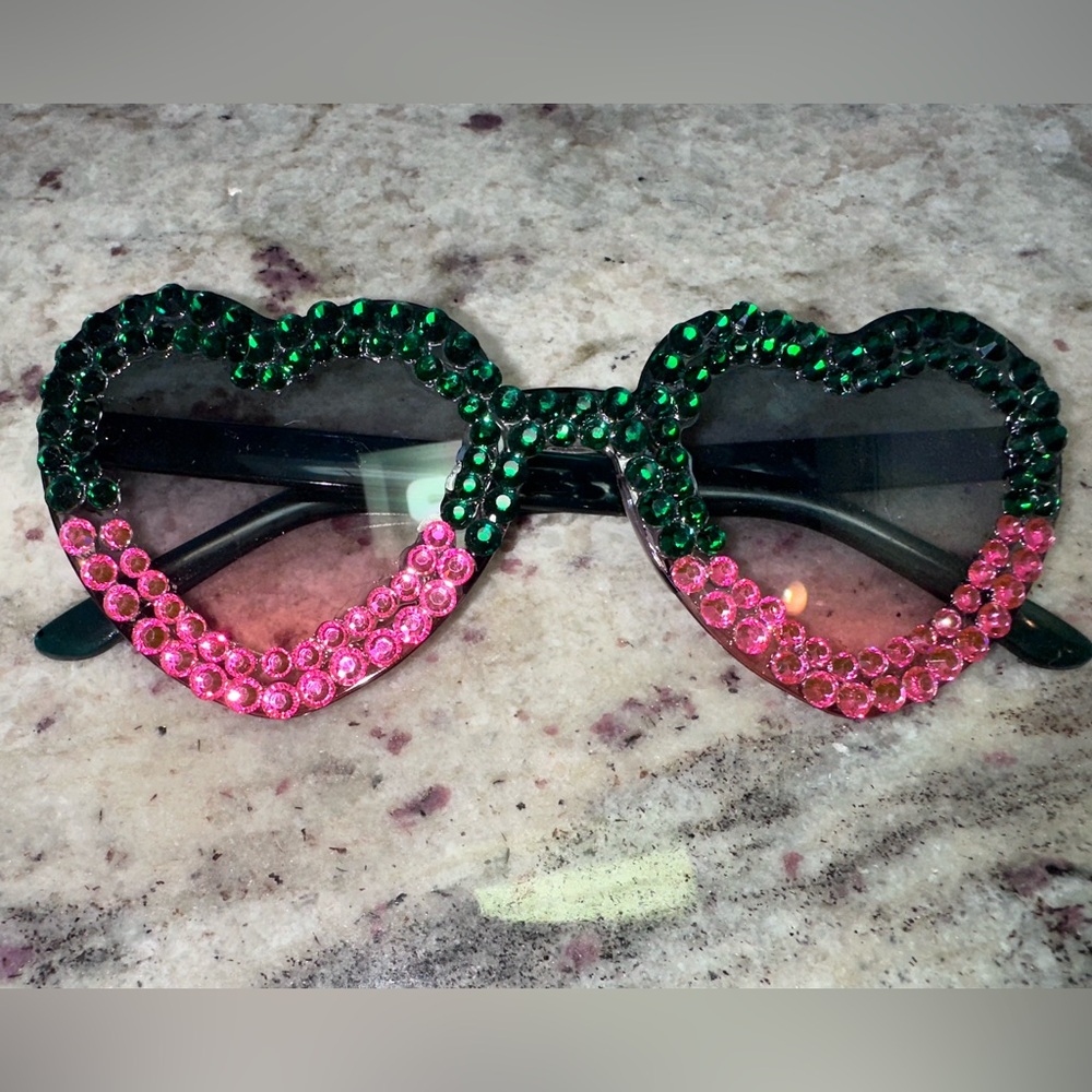 Heart-Shaped Sunglasses with Green and Pink Rhinestones